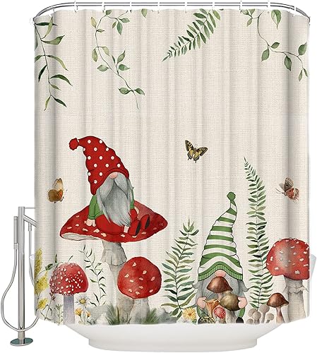 Miniatura 2 de Cortina de ducha con hongos de primavera plantas de acuarela flores silvestres gnomos lino y algodón tela impermeable juego de cortina de ducha con