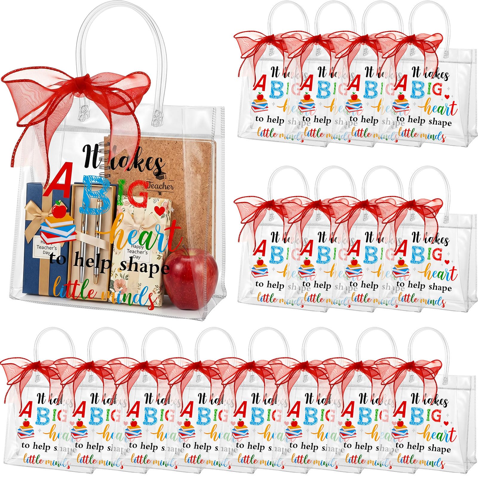 Henoyso 24 Pcs Teacher Appreciation Gift Bags Bulk Clear PVC Party Favor Bags with Handles and Ribbon, 7.8 x 7.8 x 3.1 Inches Plastic Candy Goodie Treat Totes for End of Year Wrapping Supplies