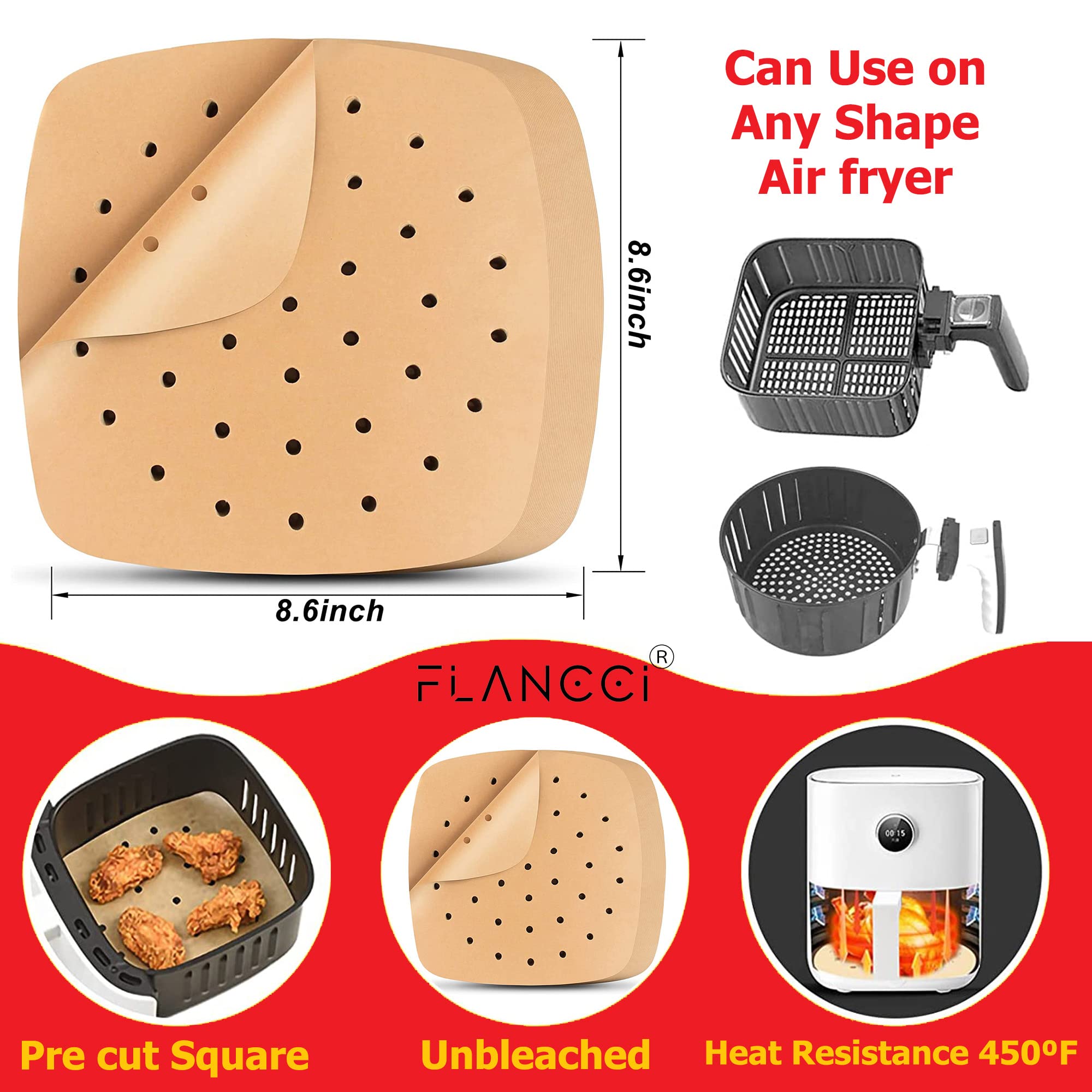 Air Fryer Liner Square Pergament Paper Pack of 100 8.5" Square Air Fryer Zubehör Einweg-Ofeneinlagen für den Boden des Ofens Airfryer Pergamentpapier zum Backen