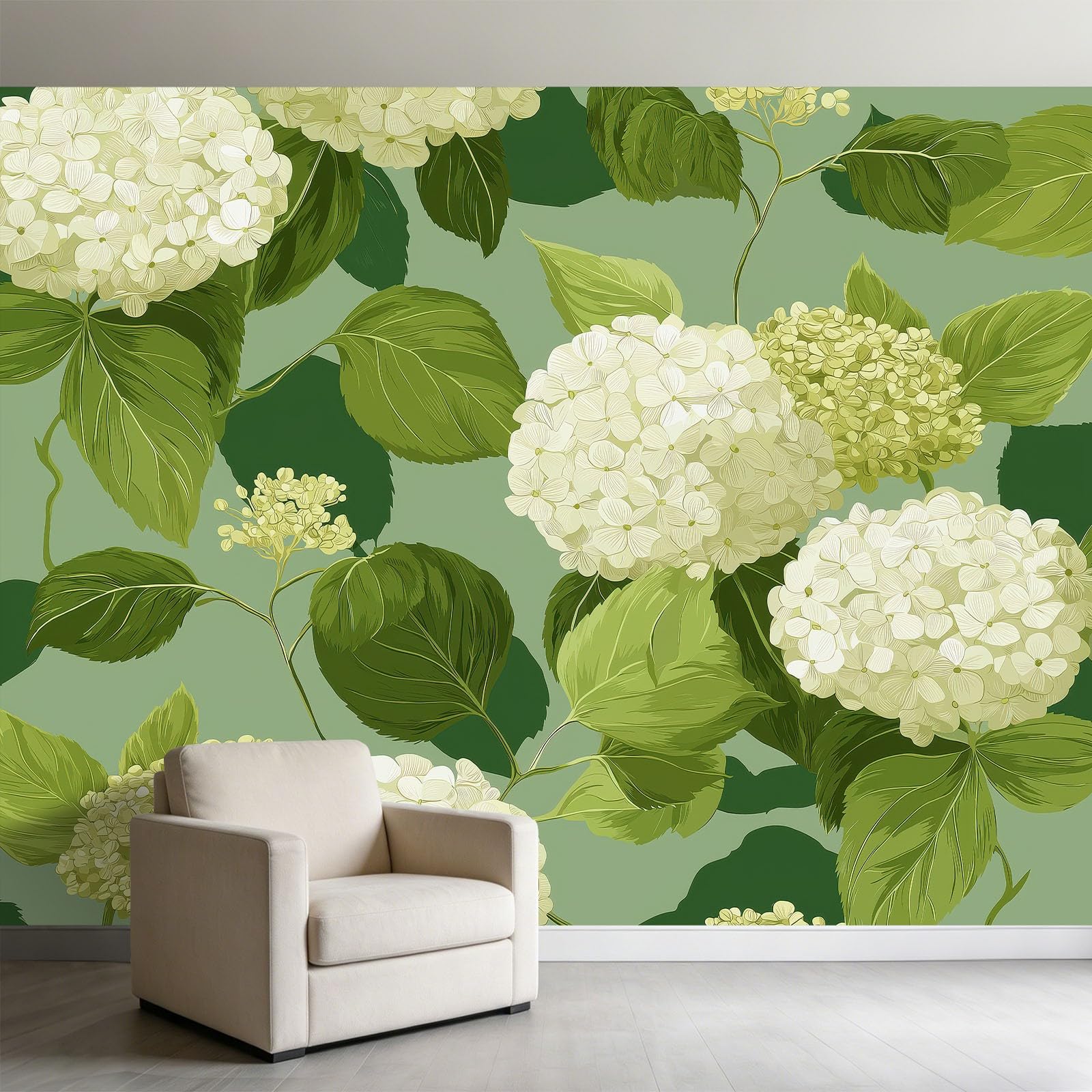 Liście hortensji, włóknina, fototapeta dla chłopców i dziewczynek, 500 x 280 cm, fototapety, do pokoju dziecięcego, salonu, sypialni, tapeta na flizelinie, tapeta ścienna, efekt 3D, zielona