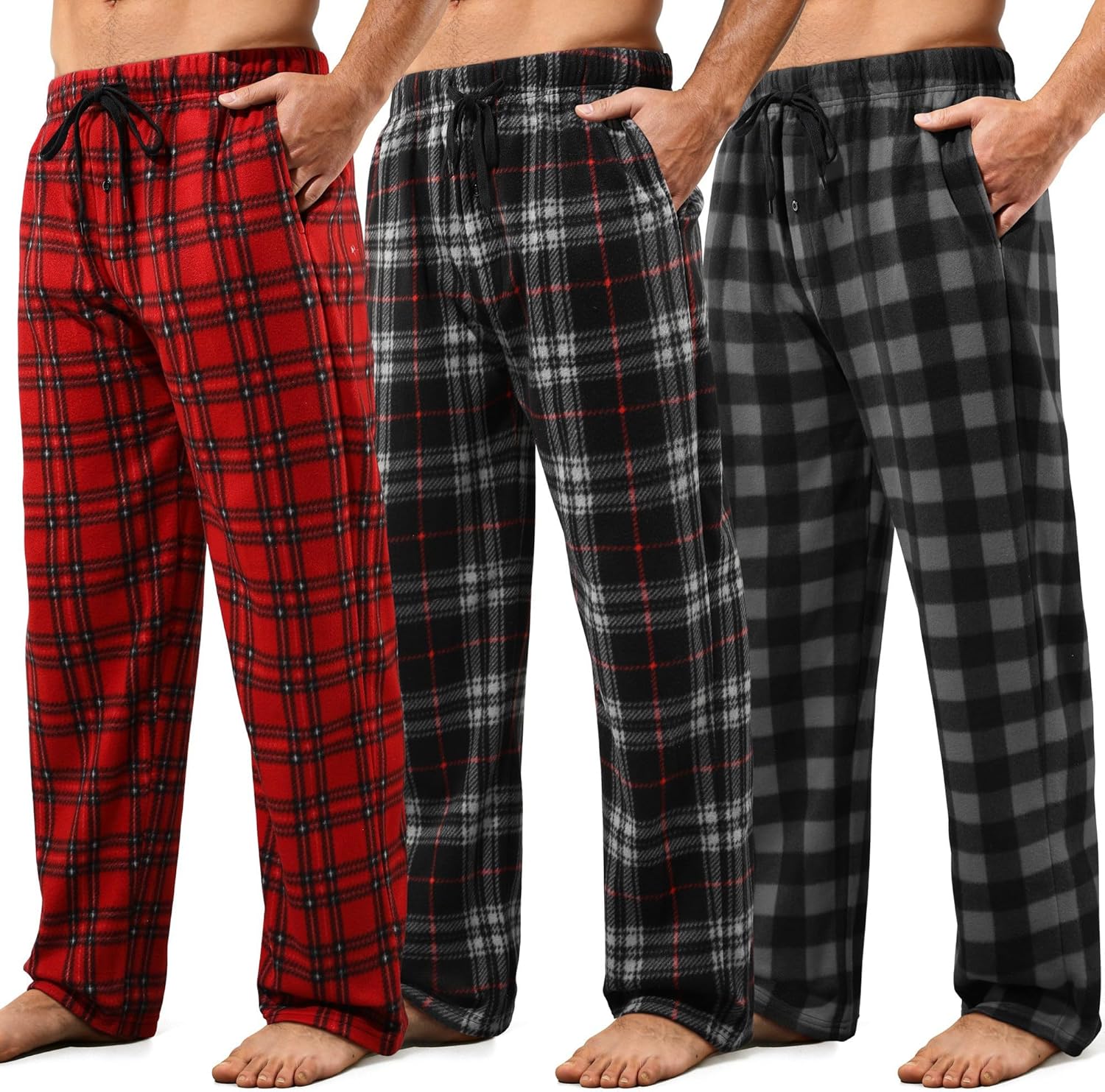 Wenouy 3 Pack Mens Pajama Pants Microfleece Plaid Pajama Bottoms Sleepwear PJ Sleep & Lounge Pants with Pockets & Drawstring XXX-Large, Gray, Red, Gray Buffalo Plaid Set