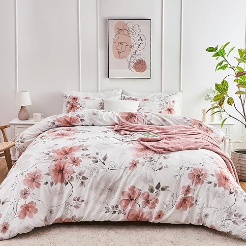 DESIHOM Juego de edredón de 3 piezas con estampado floral rosa y 2 fundas de almohada, de microfibra con estampado floral, reversible, transpirable