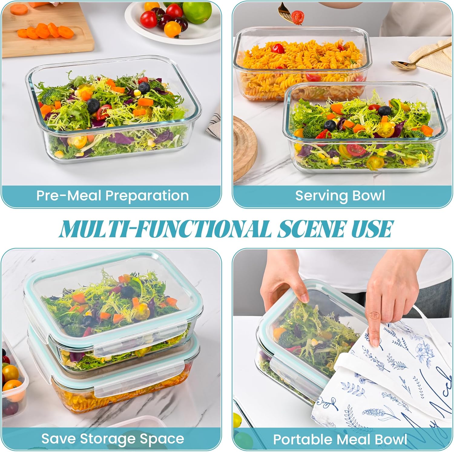 2Pack 9.8 Cups/ 78 Oz Large Glass Food Storage Containers with Lids, Glass Meal Prep Containers with Airtight Lids - BPA Free, Leakproof, Ideal for Food Storing/Serving, Microwave/Oven Safe - Image 7