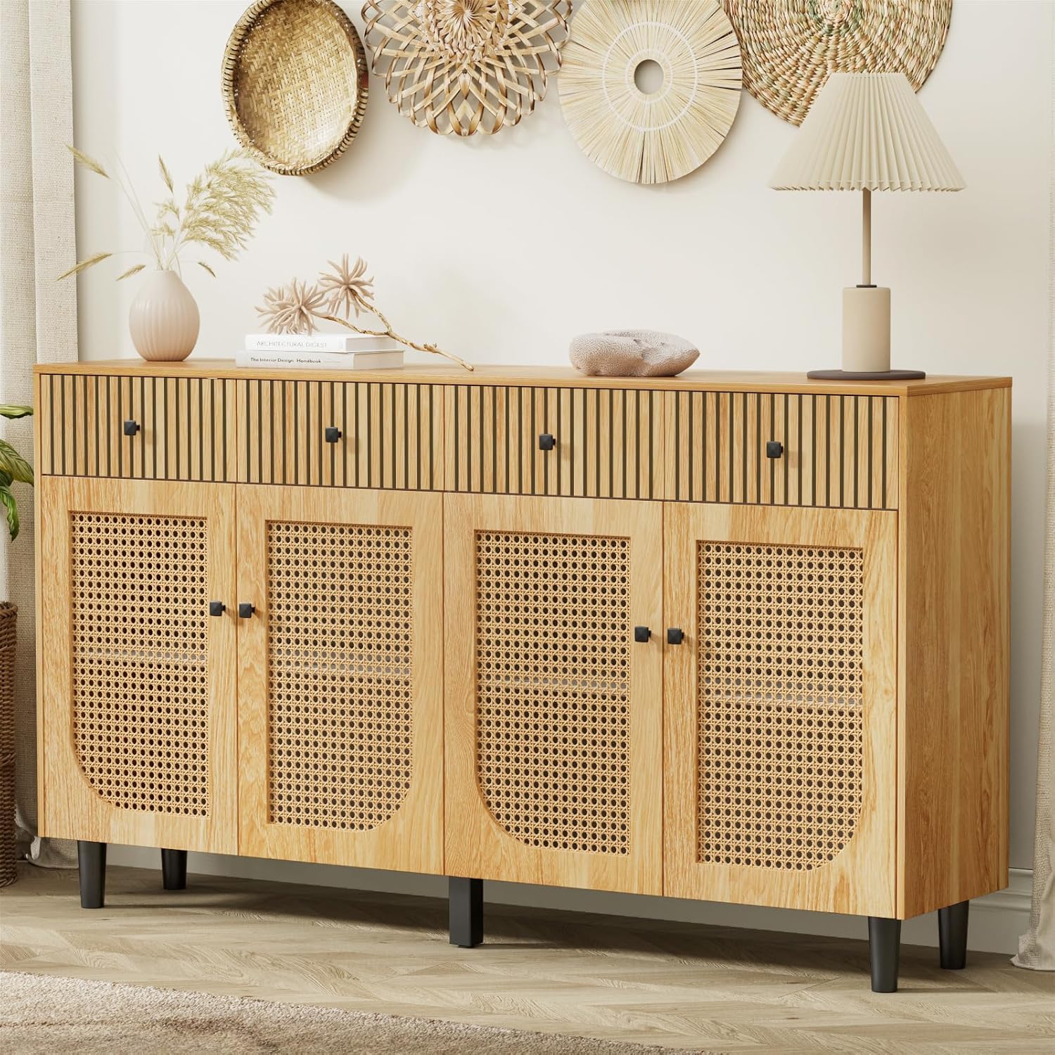 63'' Sideboard Buffet Cabinet with Storage, Large Coffee Bar Cabinet, Boho Rattan Fluted Sideboards with 4 Drawers, Accent Credenza Storage Cabinet for Living Room Entryway Hallway, Natural