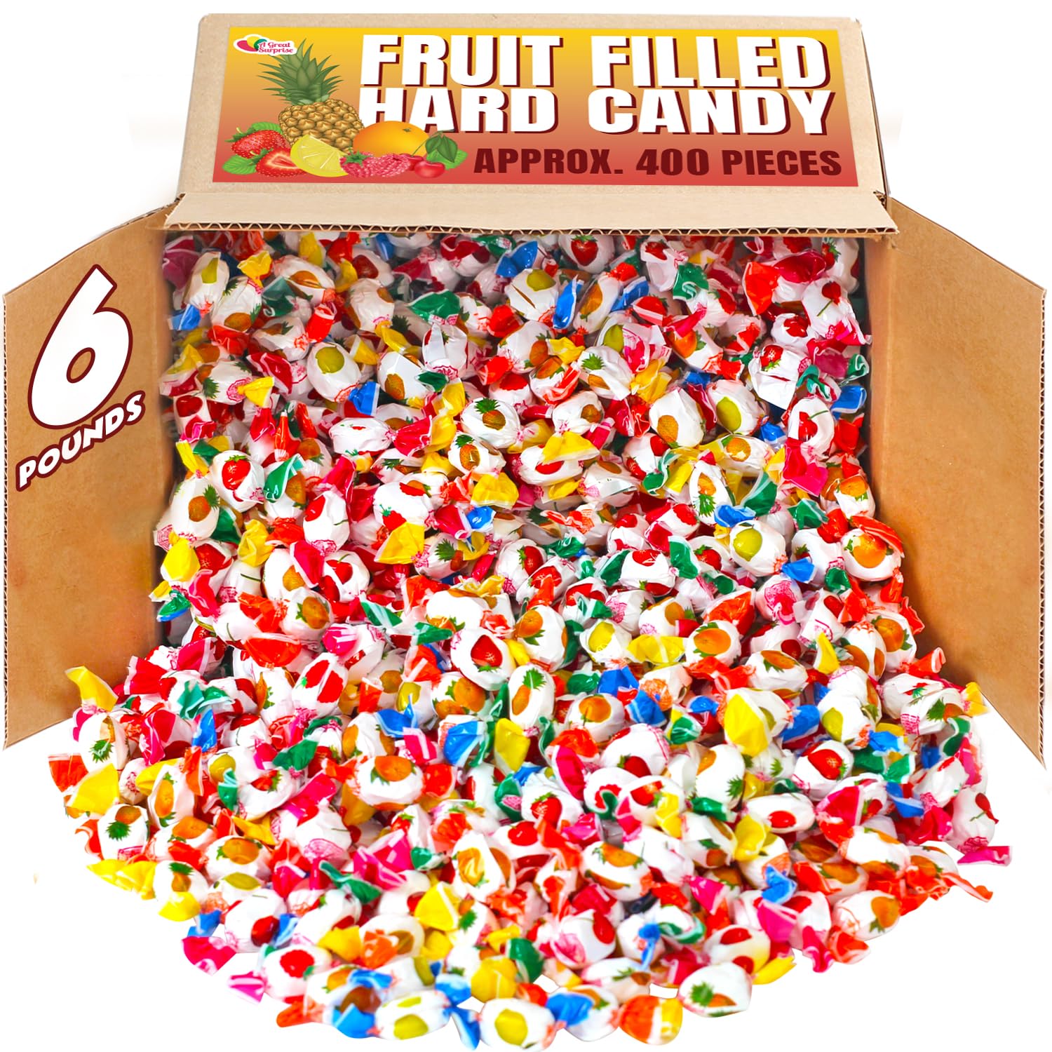 Assorted Fruit-Filled Hard Candy - 6 Pounds - Classic Bon Bons - Individually Wrapped Candies for Offices, Parties, Gifting