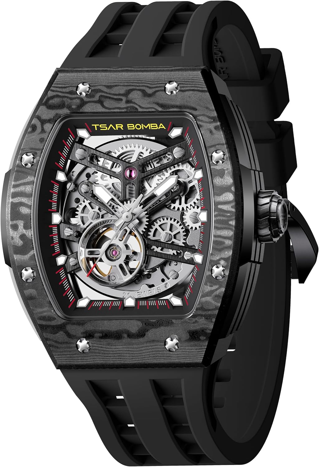 TSAR BOMBA Men's Automatic Watch Tonneau Luxury Skeleton Watches for Men Mechanical 50M Waterproof Analogue Watches Mens Unique Cool Square Big Face Dial Wristwatch with Silicone Strap Band