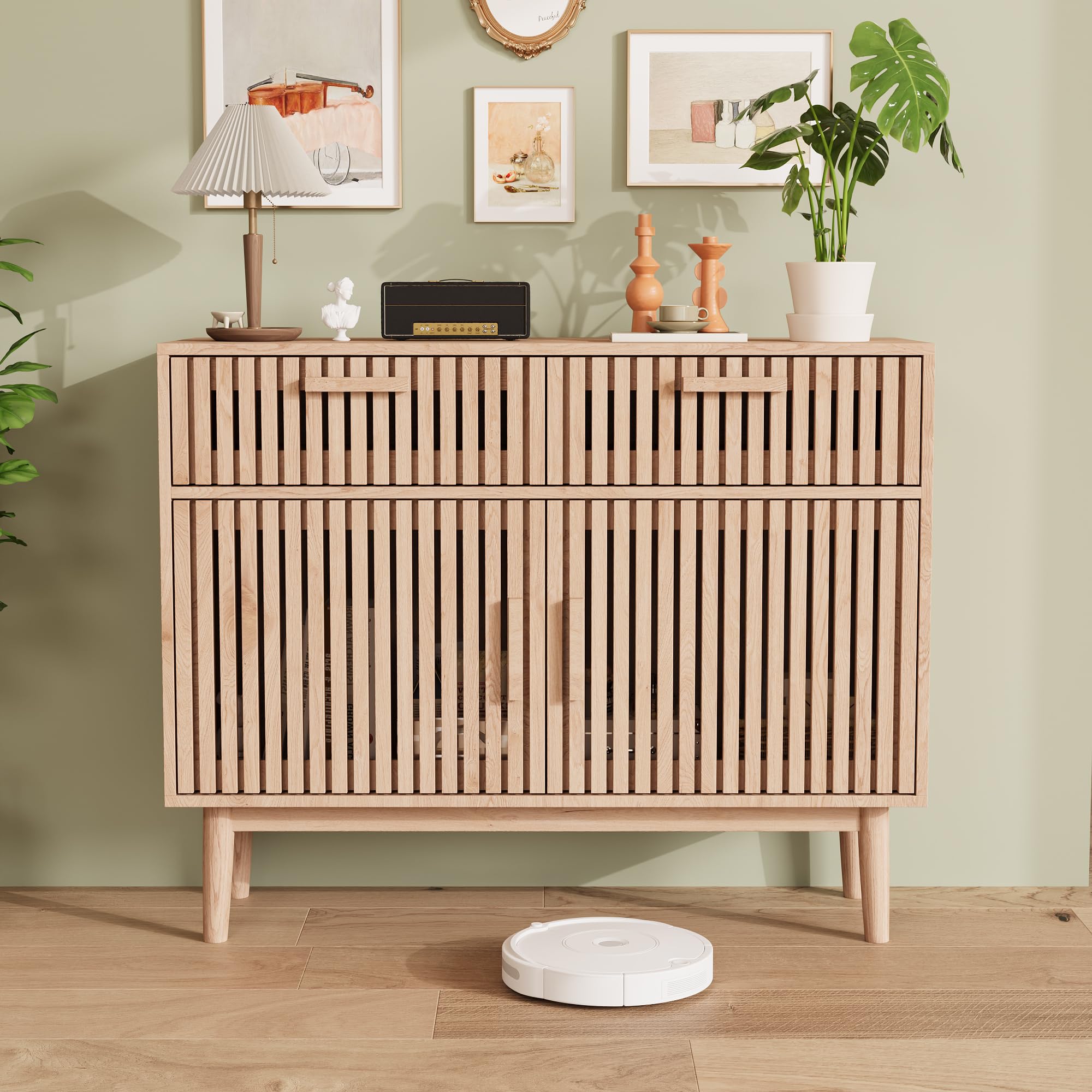 FEEOHOME Buffet Bas, Meuble de Rangement avec 2 Tiroirs et 2 Portes, Commode Multifonctionnel en Bois, Armoire de Cuisine pour Salon, Cuisine, Bureau, 35 x 100 x 80 cm
