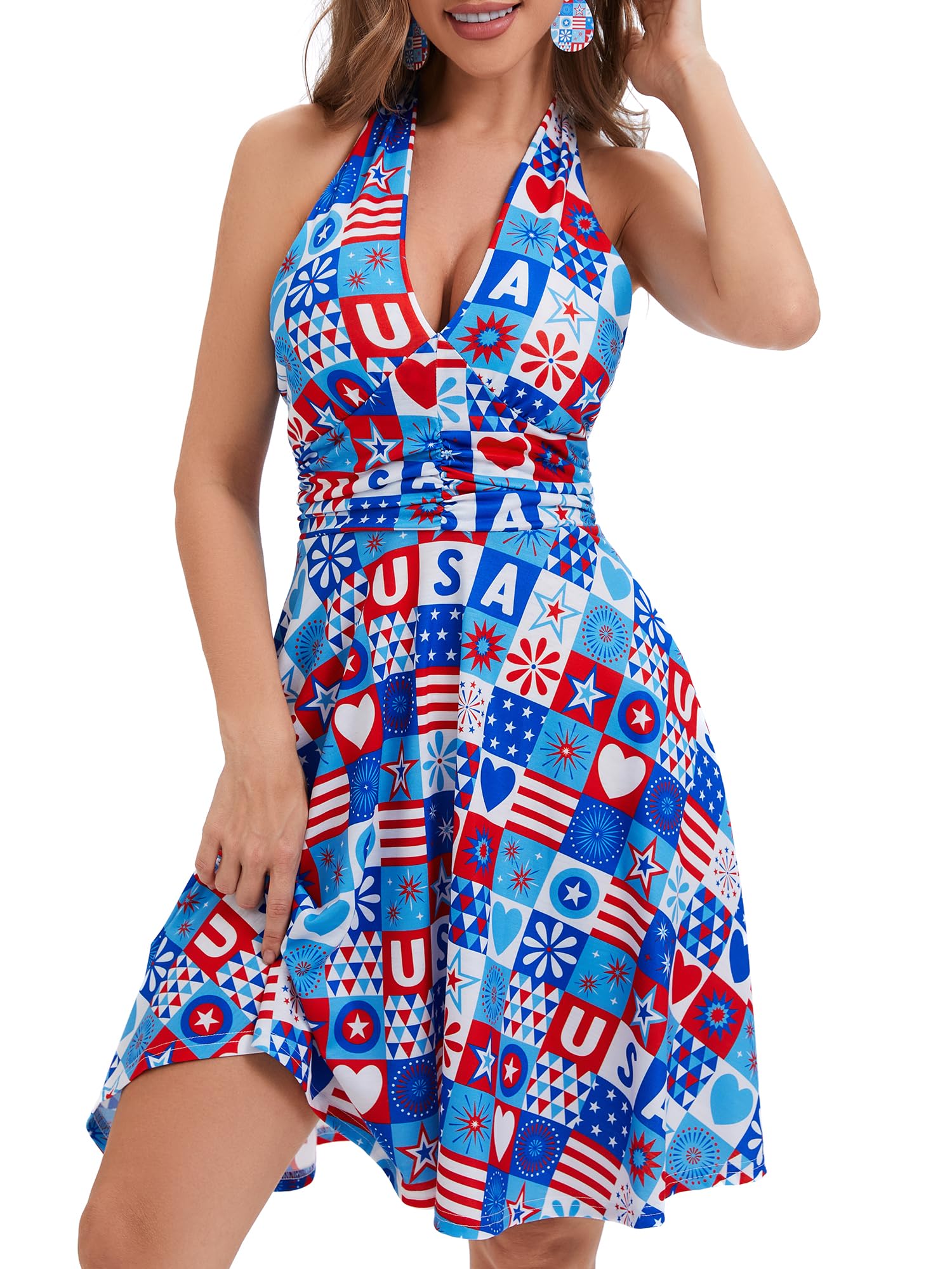 CVCPP Women's Festival Dress- Halter V Neck Sleeveless Ruffle Mini Dresses with Pocket