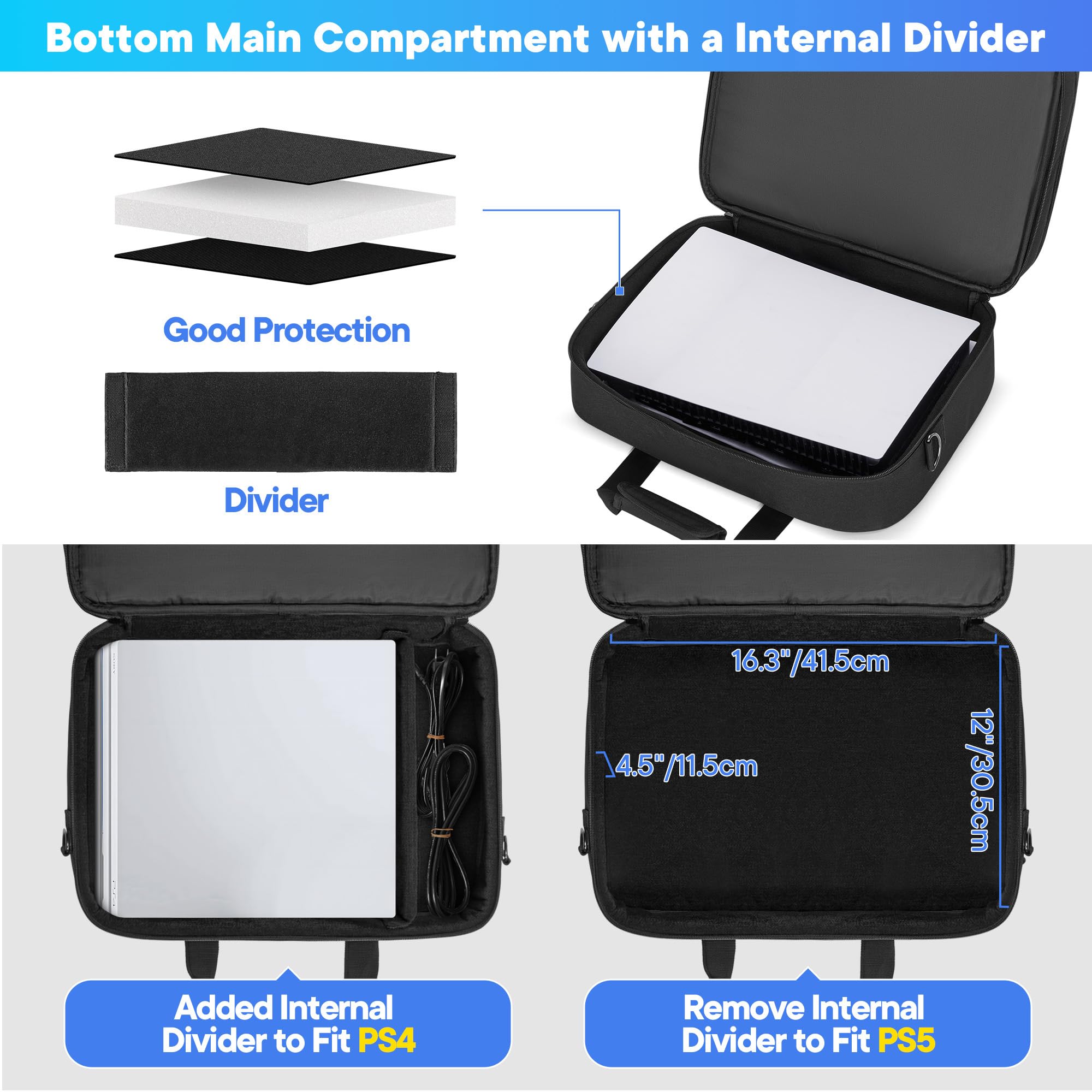 CURMIO Bolsa de Transporte Compatible con PS5, PS5 Slim, PS4, Negro | Funda de Viaje para Consola de Doble Capa, Compartimento Acolchado para Portátil, Bolsa Vacía