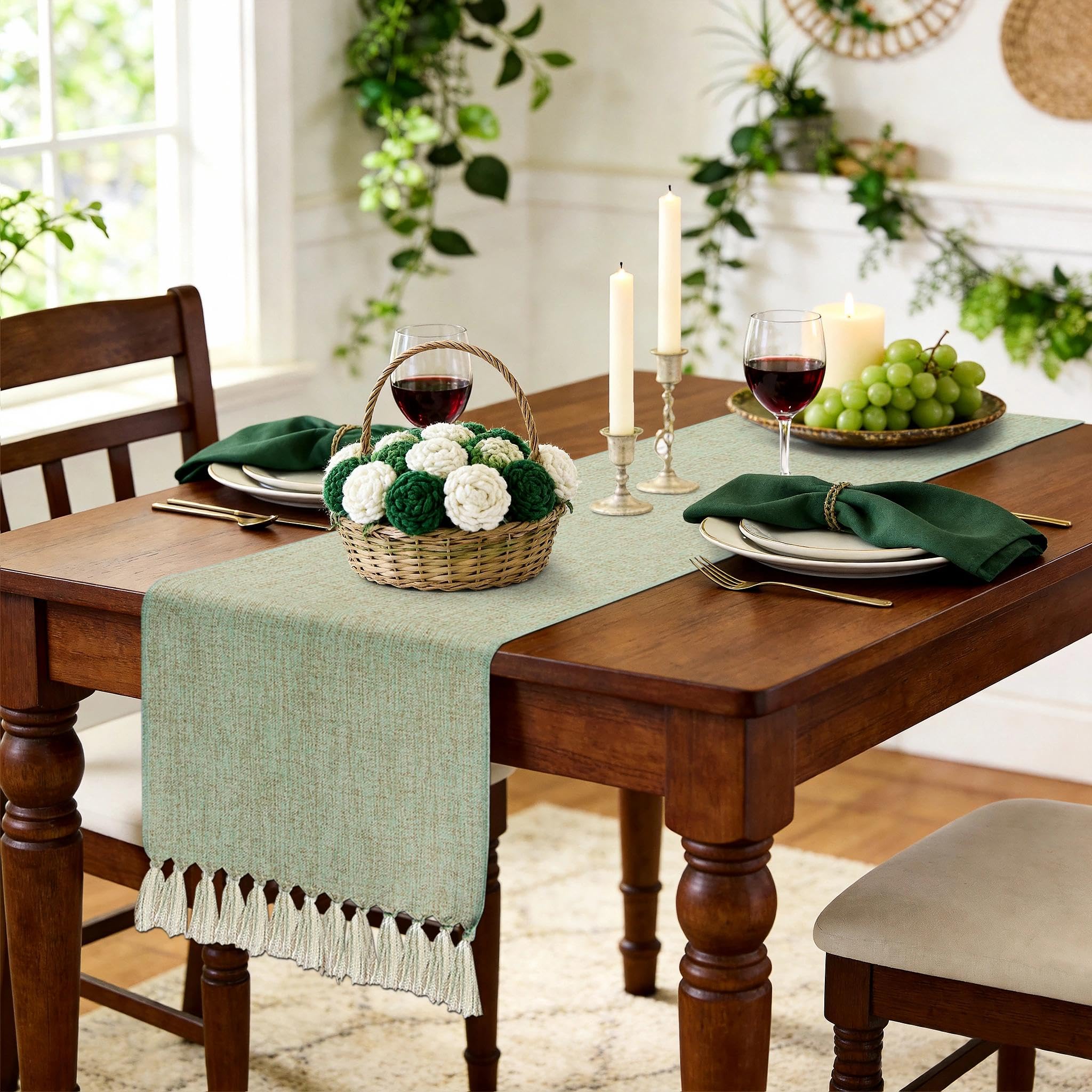 yuboo Sage Green Table Runner 48 Inches - Boho Farmhouse Coffee Table Runner for Living Room, Easter Decor, Spring Macrame Runner for Round Table & TV