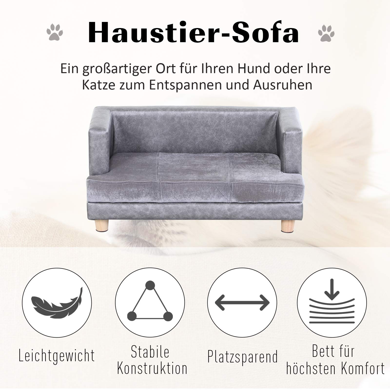 PawHut Hundesofa, Haustiersofa, Hundebett, Hundematte, Kunstleder, Kurzplüsch, Grau, 68 x 41 x 32 cm