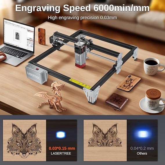 LASER TREE 5W Laser Engraver, 5000mW High Precision Laser Engraving Machine, Eye Protection, 1212 Work Area, Class 4 Laser for Wood, Acrylic, Leather DIY Craft