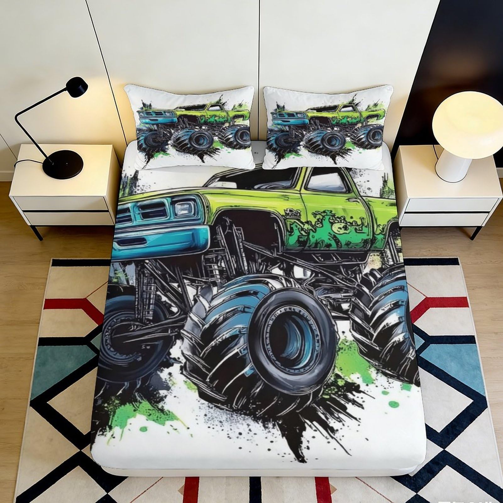 3D Printed Monster Truck Fitted Sheet Microfiber Soft Washable Splash Art Mattress Cover for Bedroom Dorm Decor 90x200x25cm