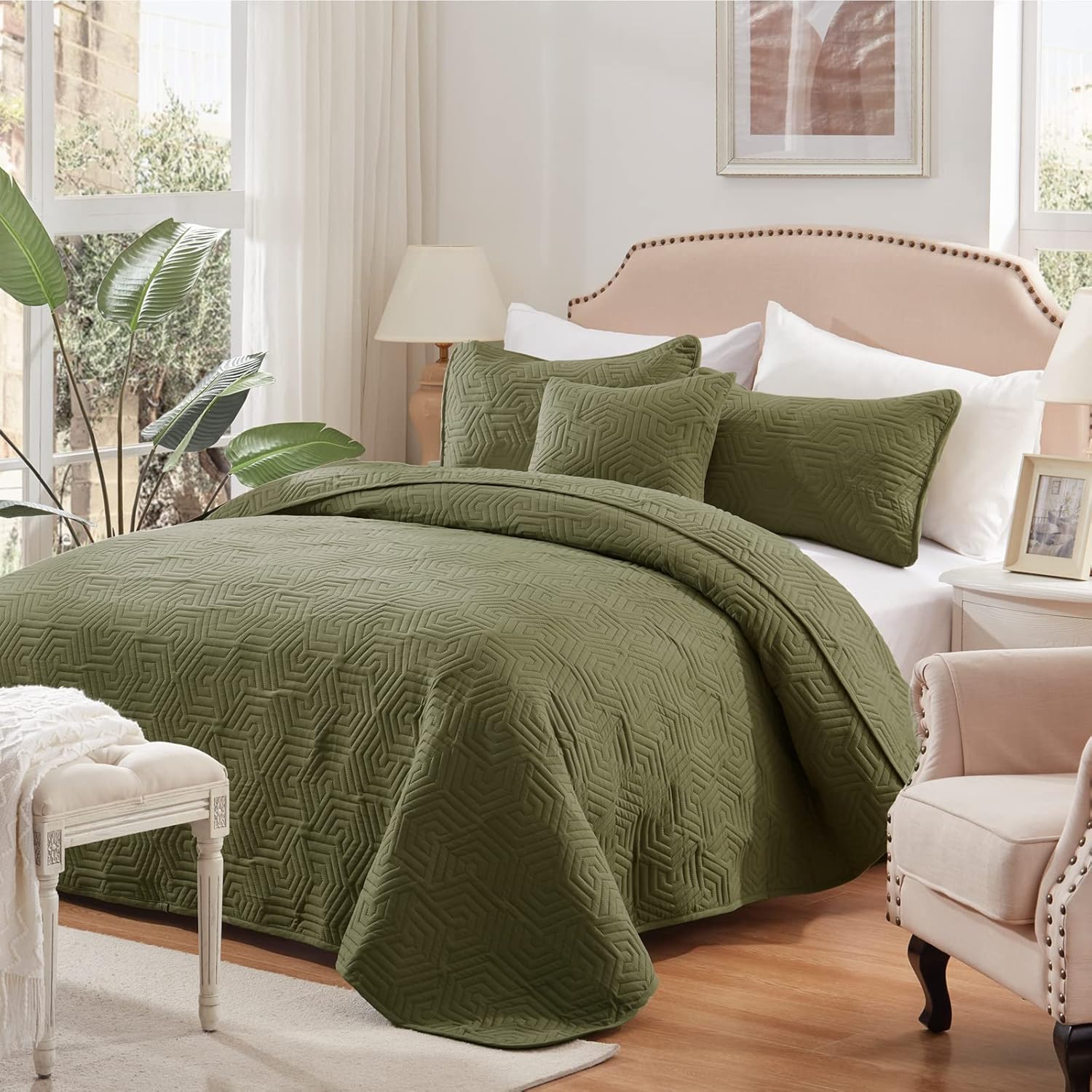 COZYART Olive Green Quilt Set King Size 3 Piece Lightweight