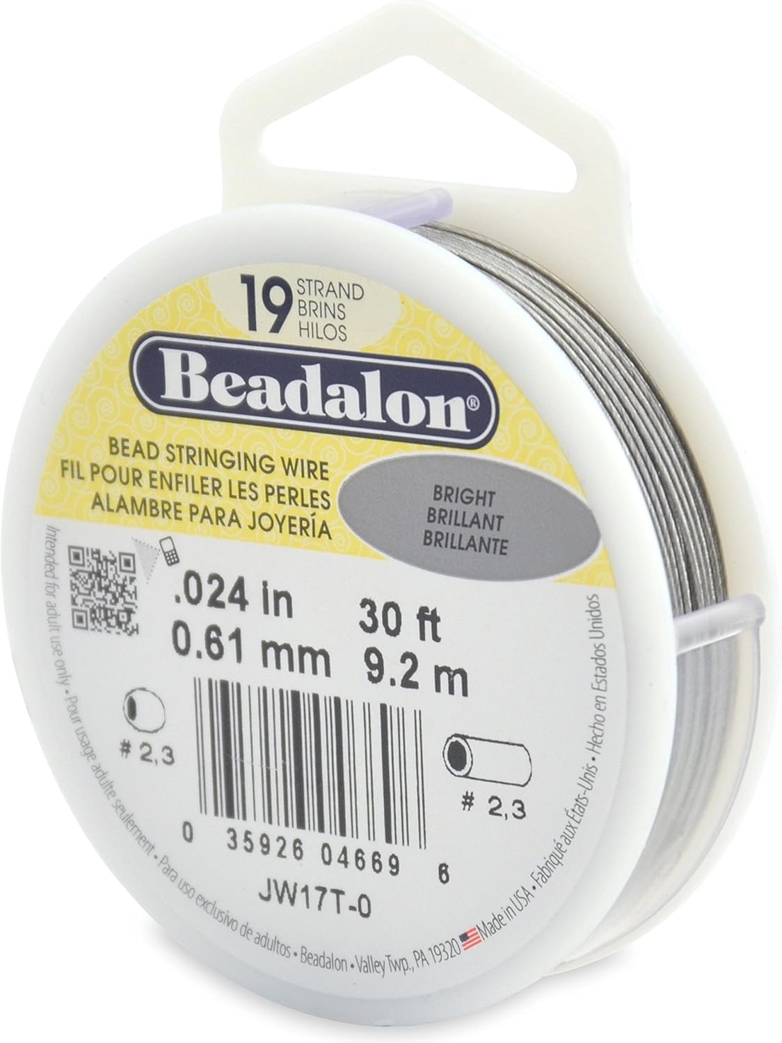 Beadalon (1-Pack) 19 Strand Stainless Steel Bead Stringing Wire .024 in (0.61 mm) Bright 30 ft (9.2 m) JW17T-0-1P