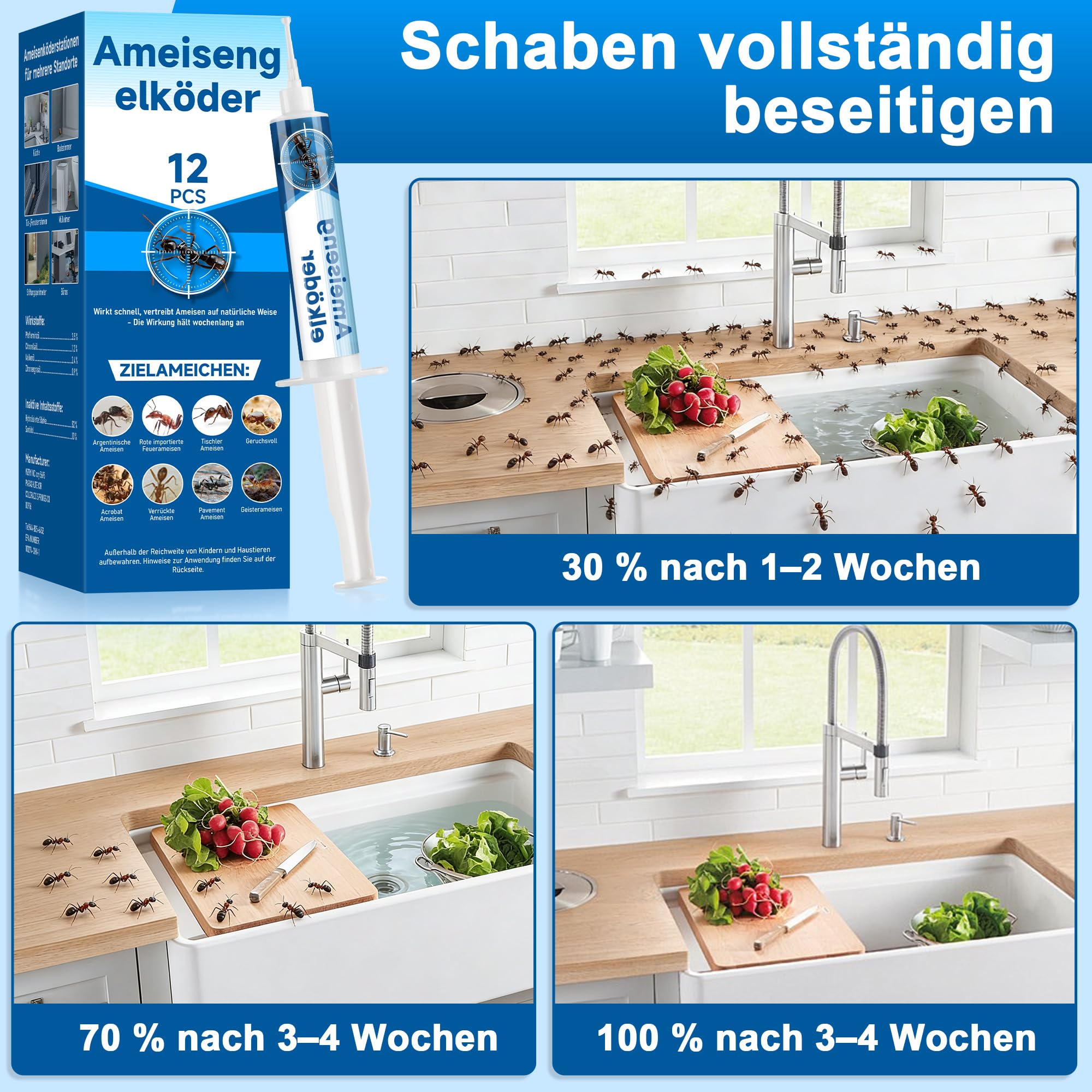 12 Stück x 15 Gramm Ameisenköder, geeignet für den Innen- und Außenbereich in der Küche, langanhaltend und wirksam, sicher für Kinder und Haustiere