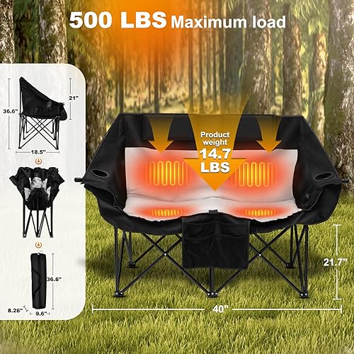 Miniatura 3 de Silla doble climatizada de camping para camping, interruptores de control duales, soporta 550 libras para deportes al aire libre, picnic, partido de