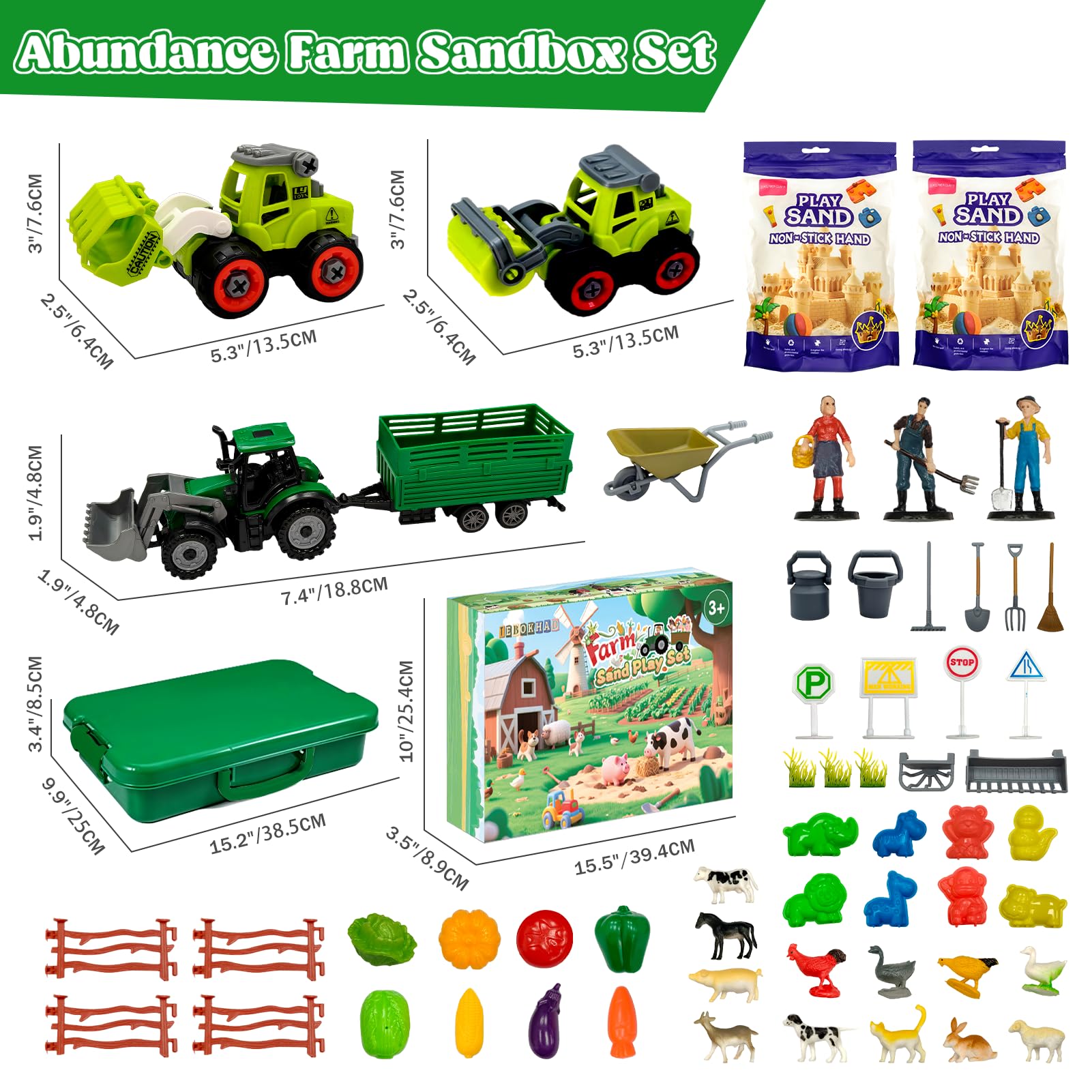 TEBOKHAD Sable Magique Jouet Pour Animaux De La Ferme, Jouets Sensoriels, Tracteur Jouet & Ferme Figurines Animaux, Bac a Sable Avec Couvercle, Pour 3+ Ans Garçon Fille Cadeau