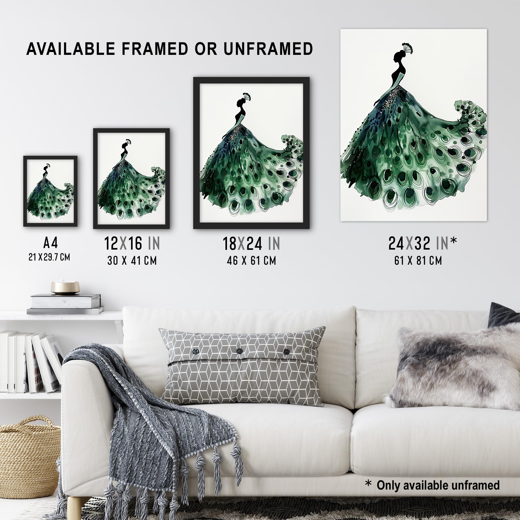 Artery8 Glamorous Peacock Fashion Dress Silhouette Living Room Extra Large XL Wall Art Poster Print, Unframed 24X32", 81L x 61W cm - Image 3