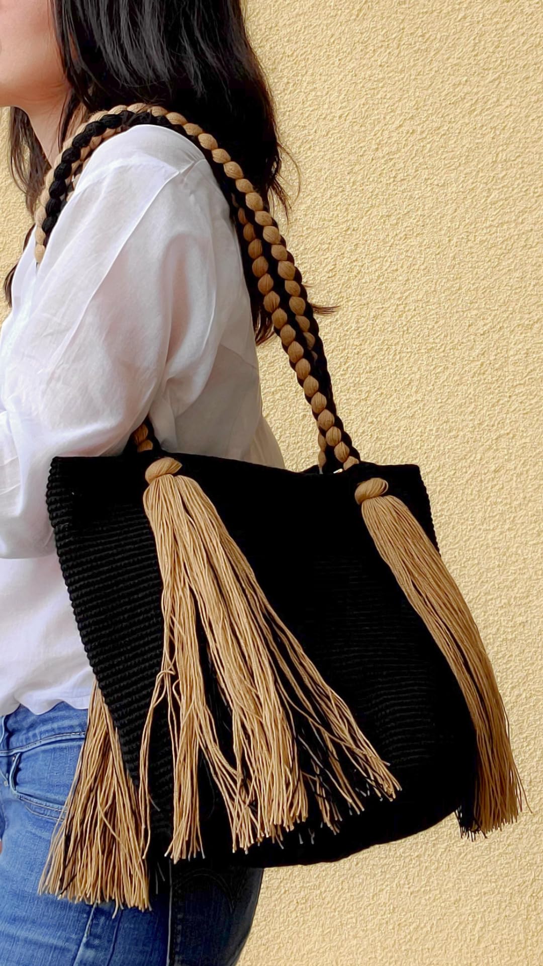 TERRA FUSION Bolso Tote M | Bolso Uni Wayuu | Negro y Beige, Negro , Medium