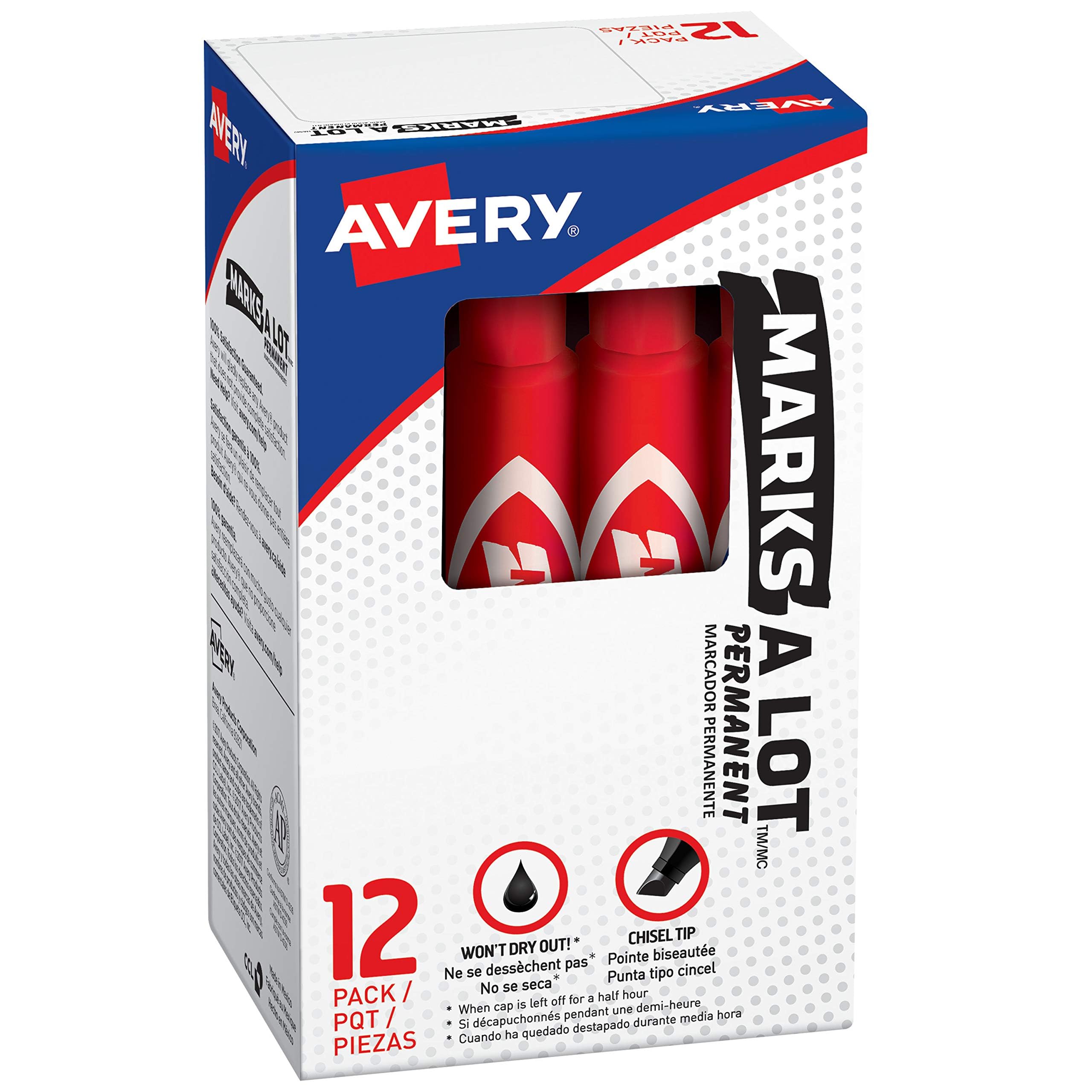Avery Marks-A-Lot Permanent Markers, Regular Desk-Style Size, Chisel Tip, Water and Wear Resistant, 12 Red Markers (07887)