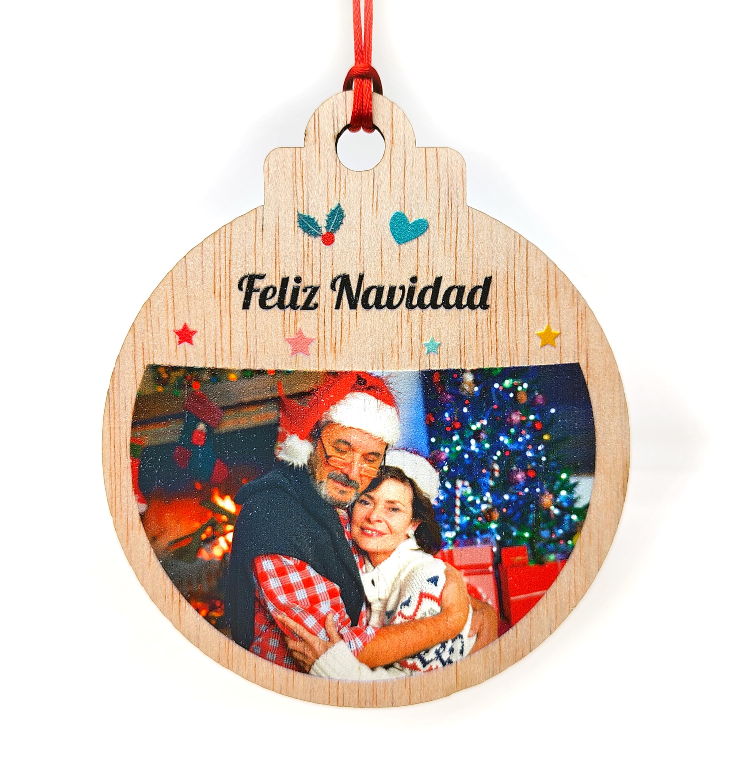Bola de Navidad de Madera Personalizada con Tu Foto - Un Adorno Exclusivo y Sentimental para Decorar el Árbol de Navidad (Modelo 2)
