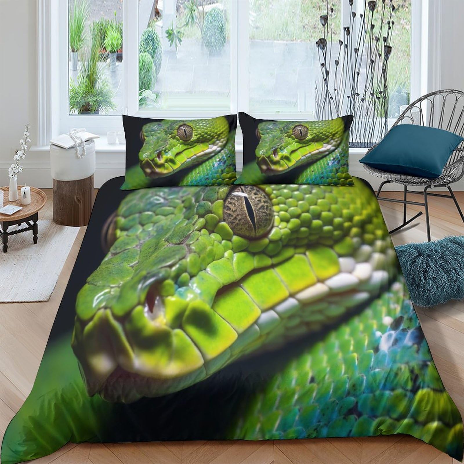 Housses de couettes serpent 3D parure de lit animaux microfibre 200x200cm avec fermeture éclair