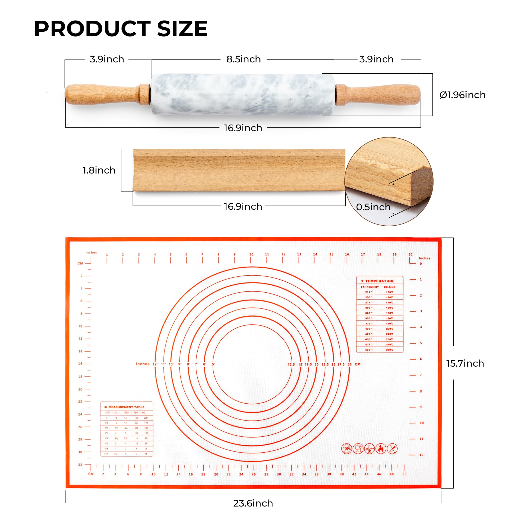 Mattarello in marmo con tappetino in silicone antiaderente e base in legno, rullo per pasta pesante da 42 cm, per crosta di pizza, biscotti, pasta, fondente, pasticceria, superficie lucida