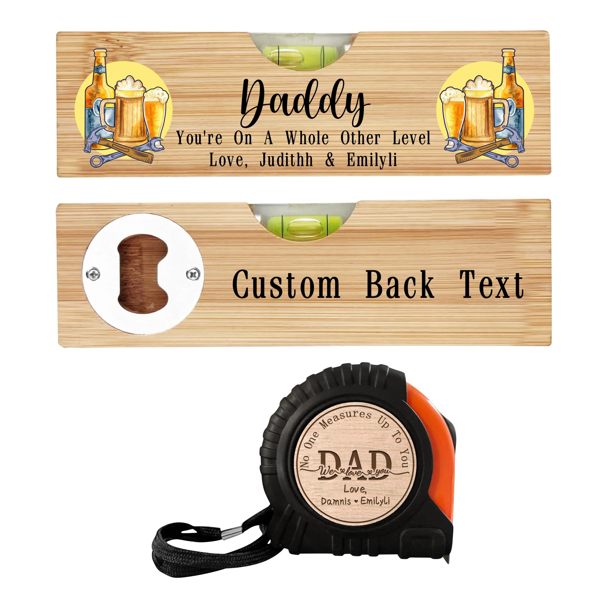 Personalized Spirit Level Bottle Opener with Child's Names Custom Dad We Love You No One Measures Up to You Tape Measure Daddy You're On A Whole Other Level Levelling Instrument for Daddy Grandpa