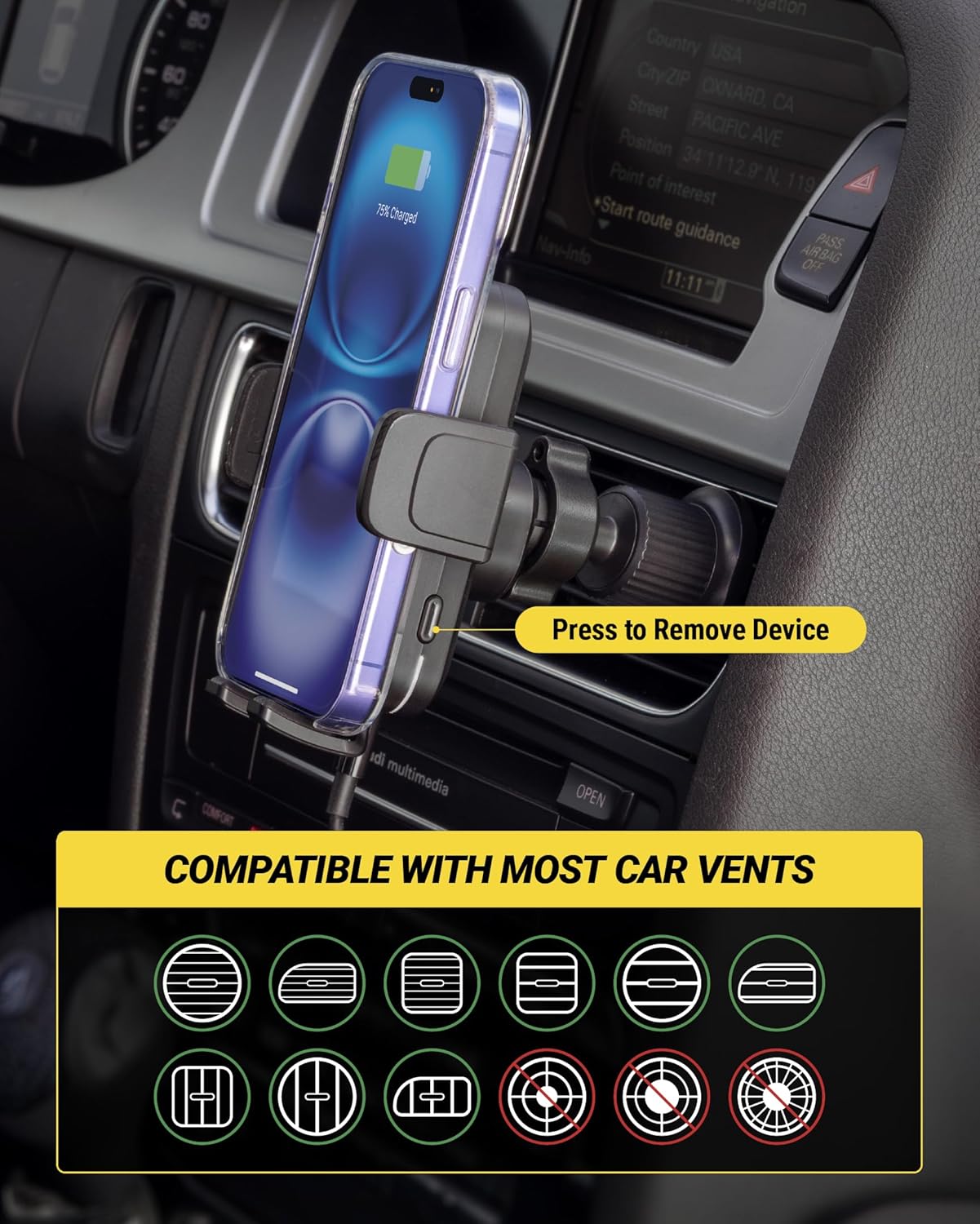 Scosche Wireless Car Charger, Auto Clamping Car Vent Phone Mount, Cell Phone Holder Charger with Twist-to-Secure Hook, 360° Rotation, Compatible with iPhone, Samsung, Qi-Enabled Android Phones