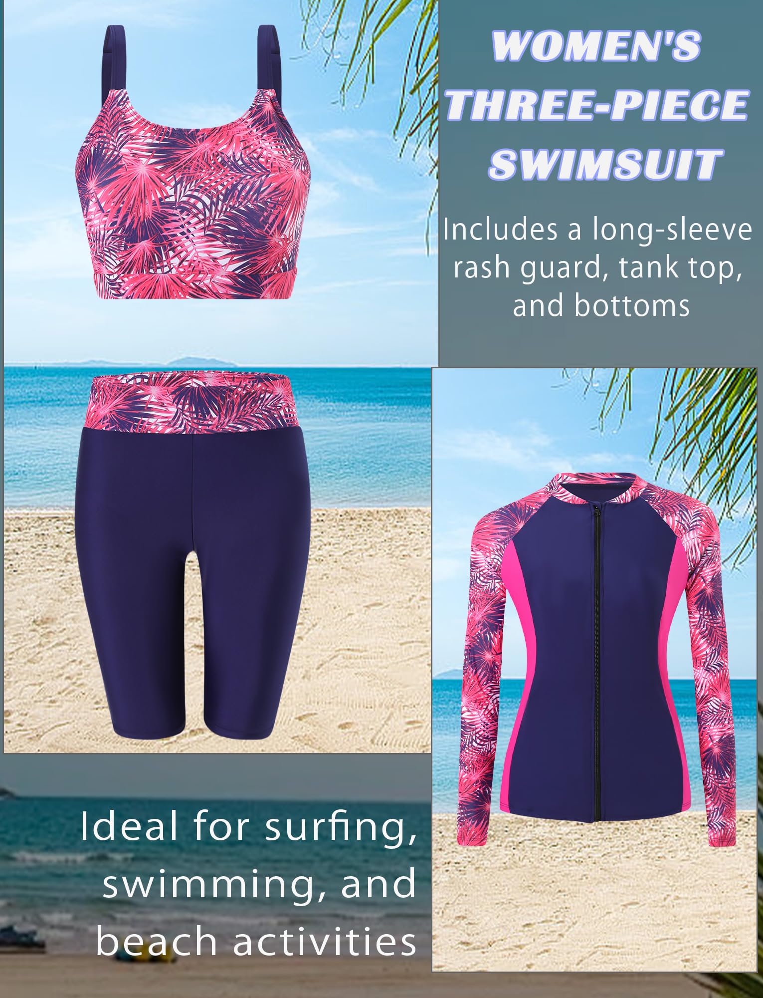 Bañador de 3 piezas para mujer, protección solar, conjunto Rashguard de manga larga + pantalones cortos y tankini surf playa