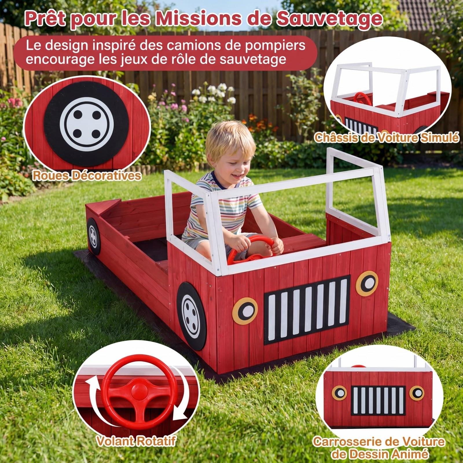 COSTWAY Bac à Sable Enfant Extérieur en Forme Camion Pompiers avec Bancs, Bac à Sable en Sapin avec Volant Rotatif et Doublure, Charge 100kg pour 18 Mois+, Jeux Extérieur Sensoriel pour Jardin Plage
