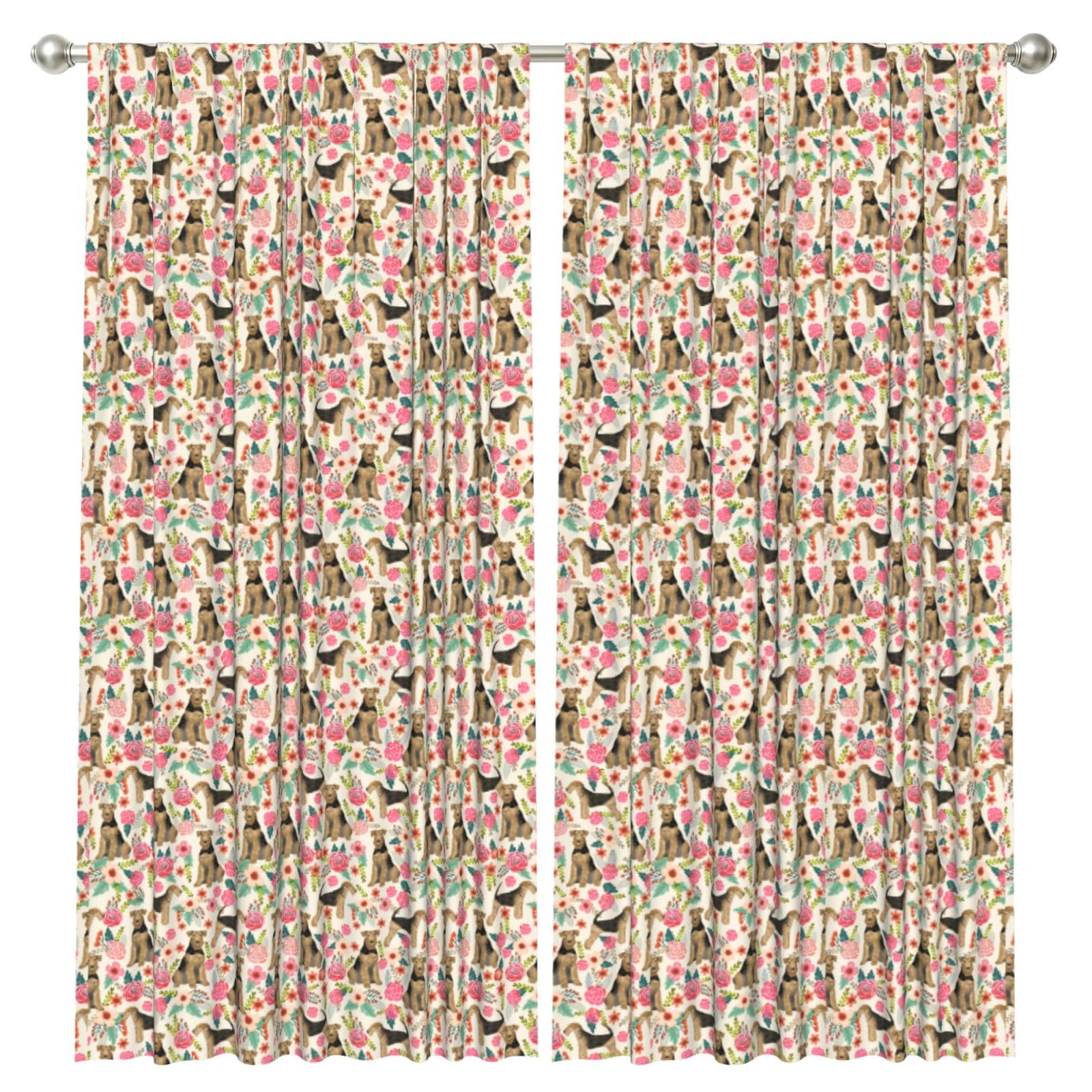 InOmak Airedale Terrier Floral Print, 2 Panels Window Curtains 52 x 84 Inch Blackout Curtains for Living Room Bedroom