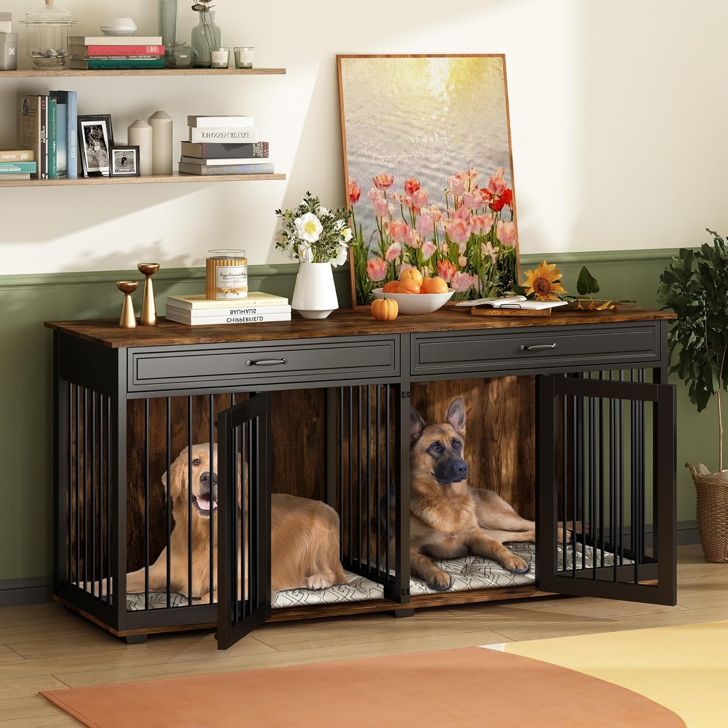 MOOLIVE Upgraded Large Double Dog Crate Furniture, 72.4