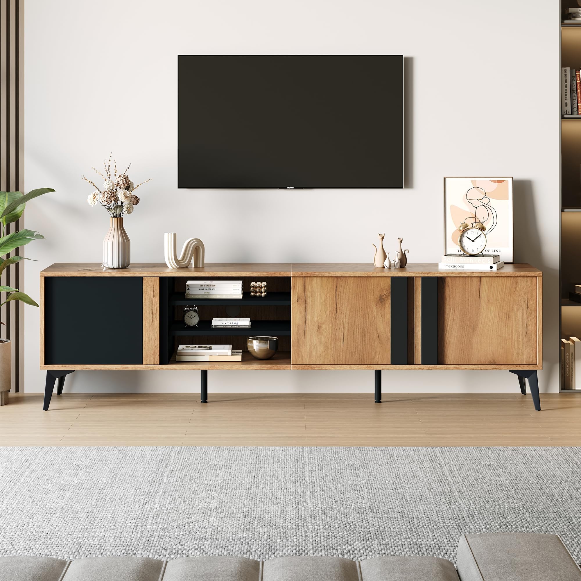 BTM 180cm TV Stand, TV Cabinet for up to 80 Inch TV, TV Table with 3 Cabinets and 3 Open Shelves, 40x180x50cm, Brown and Black