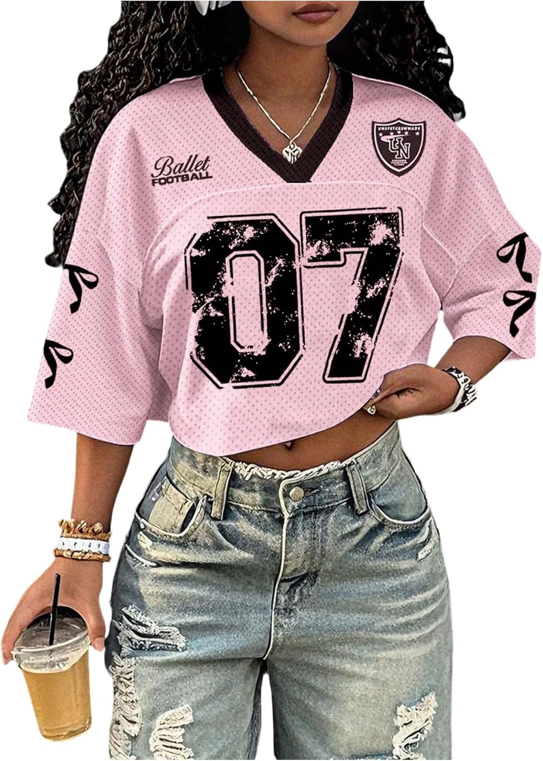 Jersey Shirts for Women Number Print V Neck Mesh Cropped Jersey Y2k Oversized Tshirts Streetwear