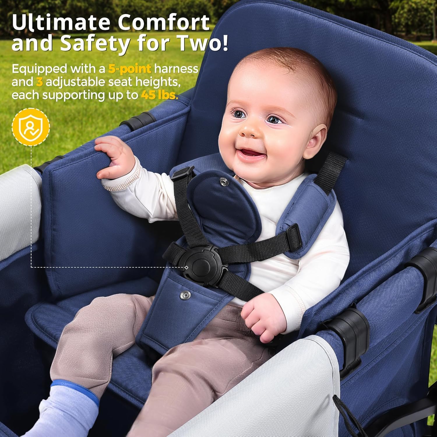 MOMFANN Wagon Stroller for 2 Kids, All-Terrain Foldable Baby Wagon with Adjustable Push & Pull Handle, 5-Point Harness, Removable Canopy, Footwell & Large Storage Bag-Blue thumbnail
