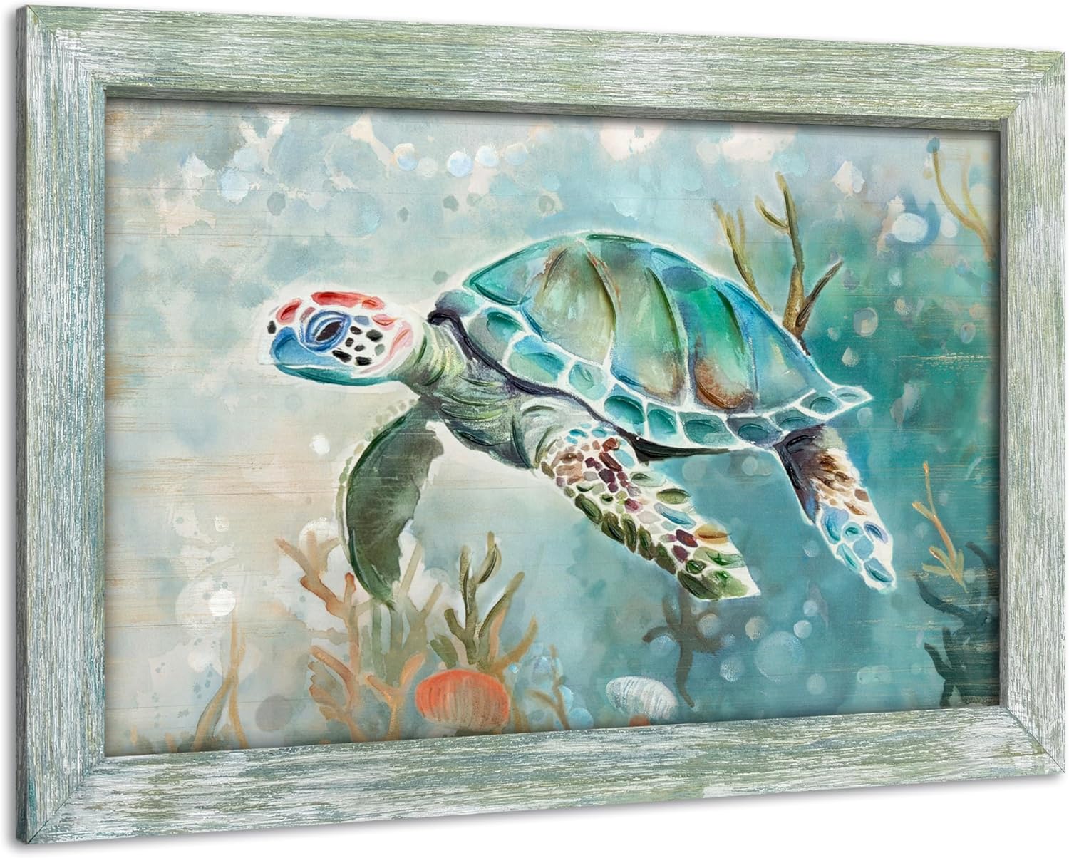 Ocean Turtle Framed Wall Art: Marine Life Picture Sea Animal Painting Underwater Coral Prints Sealife Decor Green Beach Coastal Artwork for Bathroom