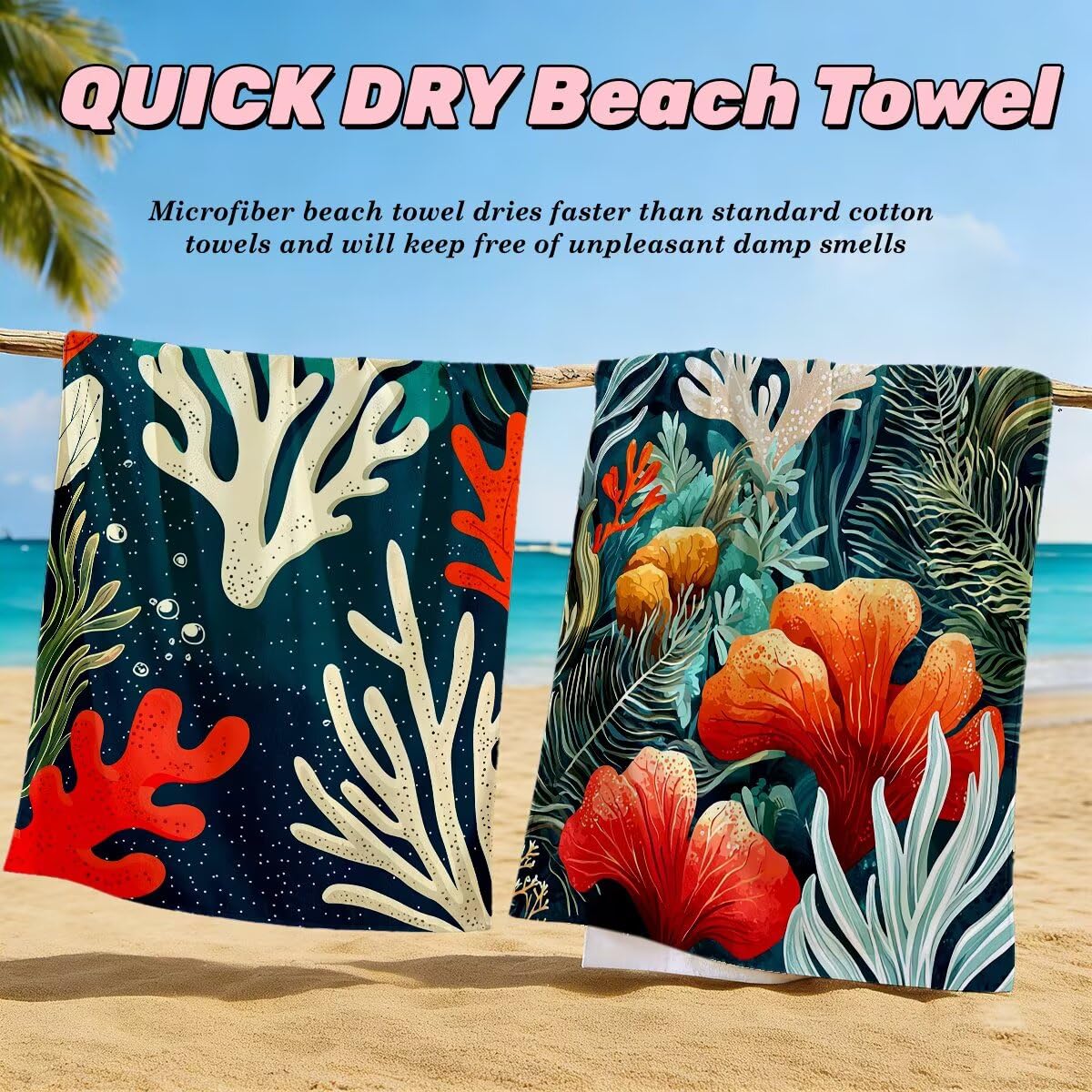 Ręcznik plażowy z mikrofibry, zestaw 2 dużych ręczników kąpielowych 100x220 cm, szybkoschnący, koralowy ręcznik kąpielowy, ręczniki plażowe, sportowe ręczniki z mikrofibry do podróży -4738