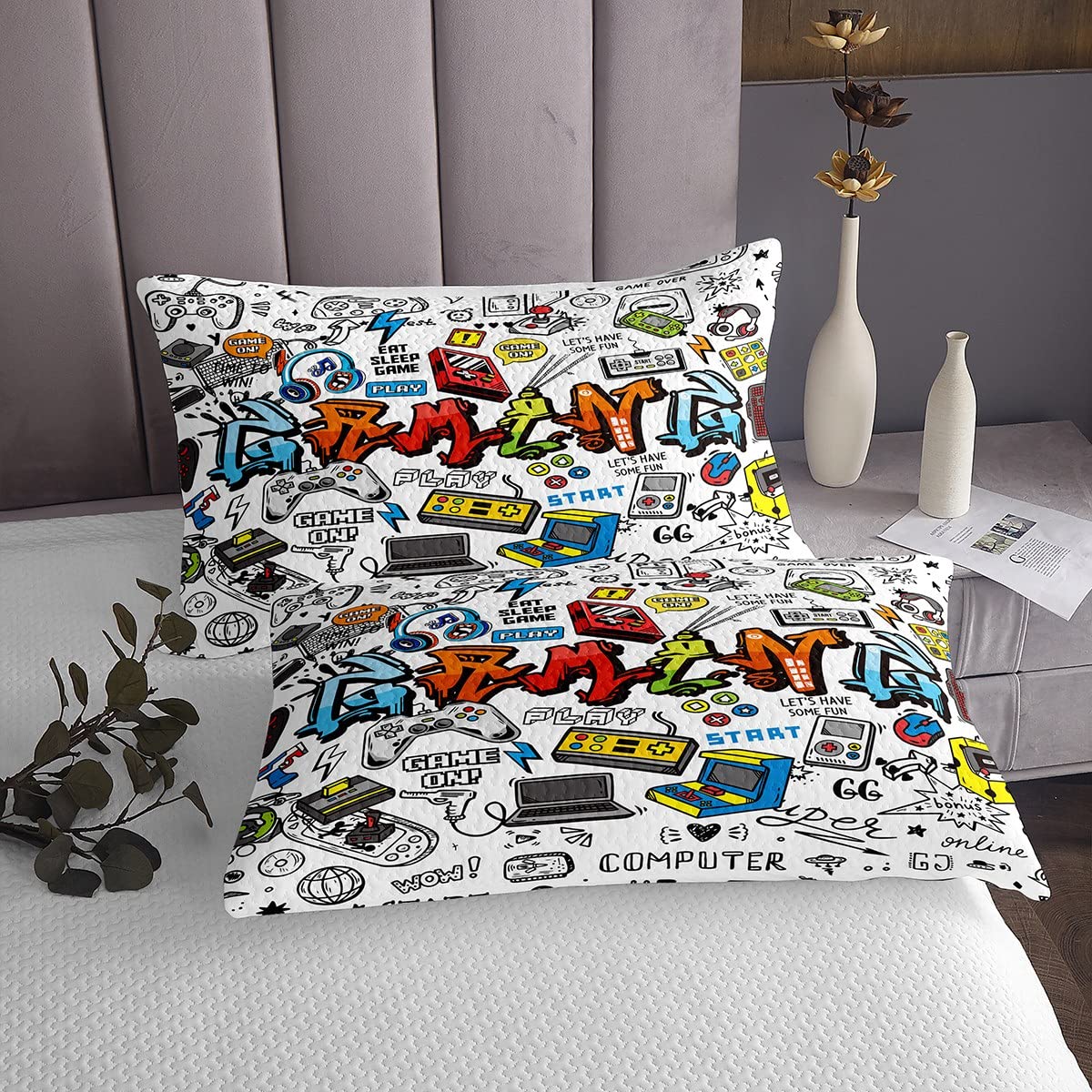Loussiesd Juego de colcha acolchada para cama individual, multicolor, gamepad de grafiti, colcha acolchada para niños, adolescentes, controlador de juego moderno