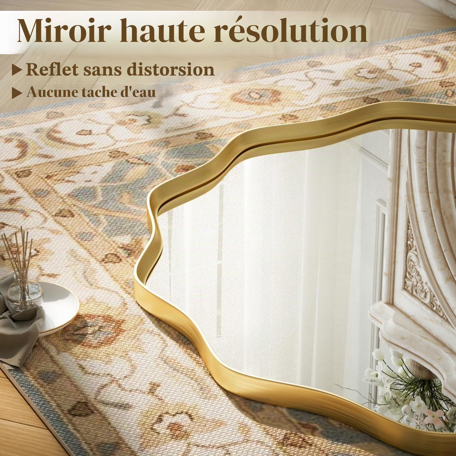 Koonmi Grand miroir rond à bord ondulé de 75 cm avec cadre en métal texturé à suspendre ou à poser au mur pour salle de bain, entrée, salon, doré