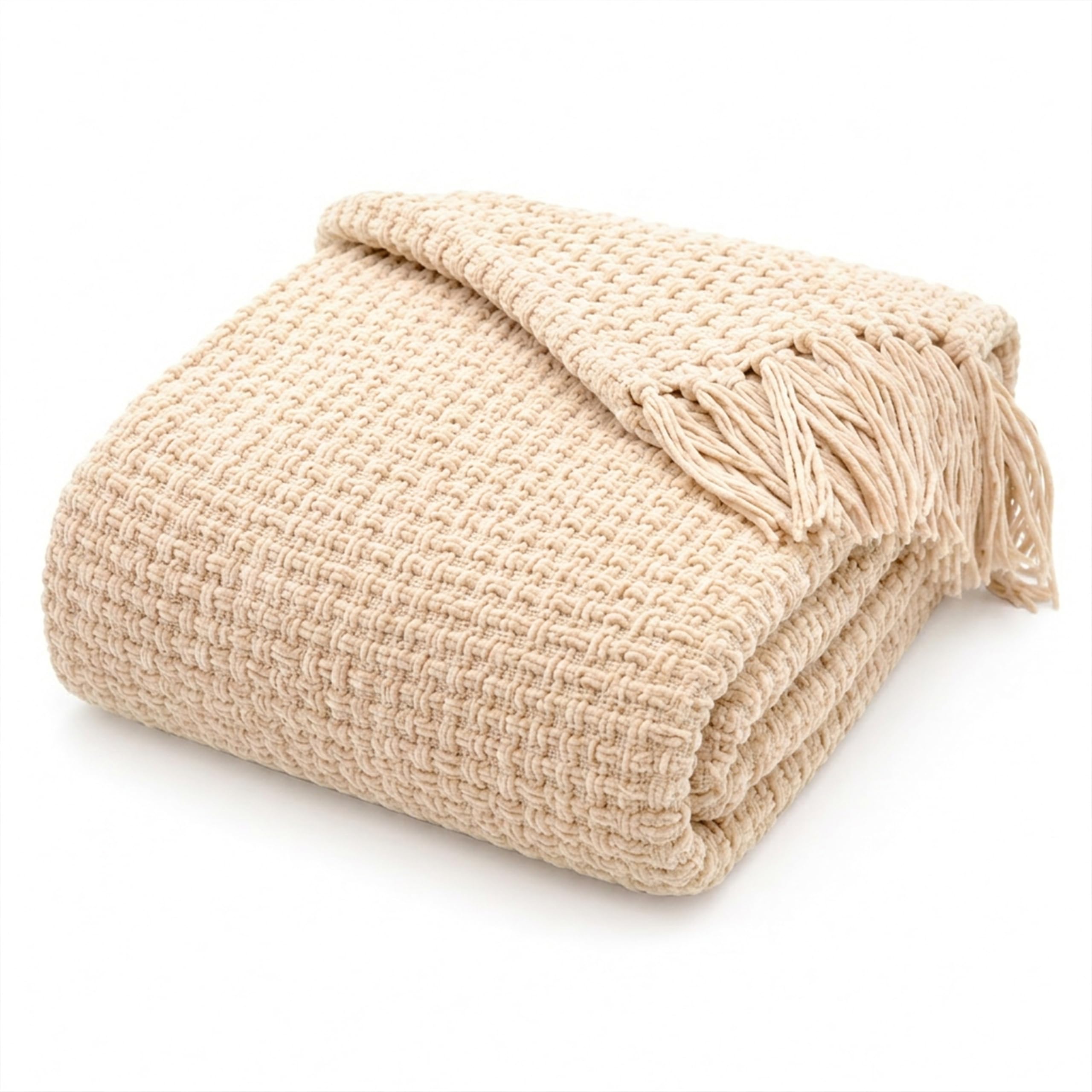 Olivia Rocco Box Stitch Chenille Throw Blanket Soft Warm Chunky Blanket Throws for Sofa Chairs Couch Bed 130 x 170 cm, Cream
