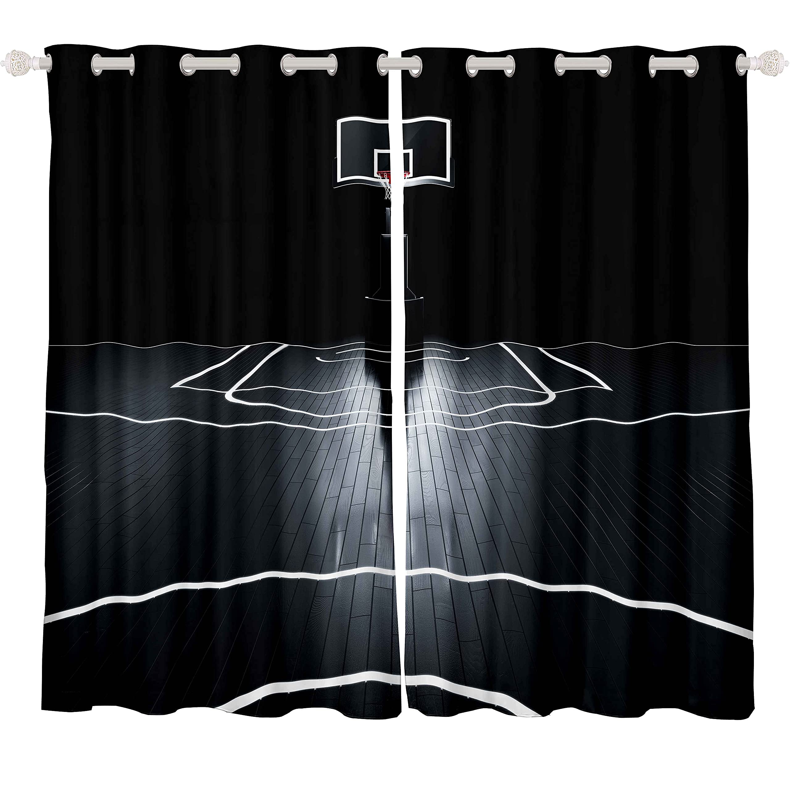 Basketball Curtains For Boys Bedroom Kids Teens Ball Sports Window Curtains Basketball Court Window Drapes Living Room Decor Games Competition Theme Window Treatments Black White 52x96 Inches,2 Panels