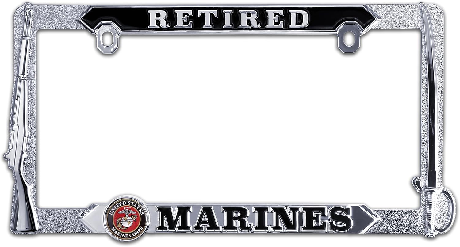 Elektroplate Officially Licensed – United States Retired Marine Corps Chrome-Plated Metal Standard Size Premium 3D License Plate Frame Tag Holder for Cars/SUVs/Trucks Weather-Proof Auto Accessory