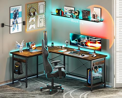 Miniatura 61 de Coleshome - Escritorio gaming en forma de L de 66 pulgadas, con toma de corriente, con soporte para CPU, escritorio esquinero para computadora, para
