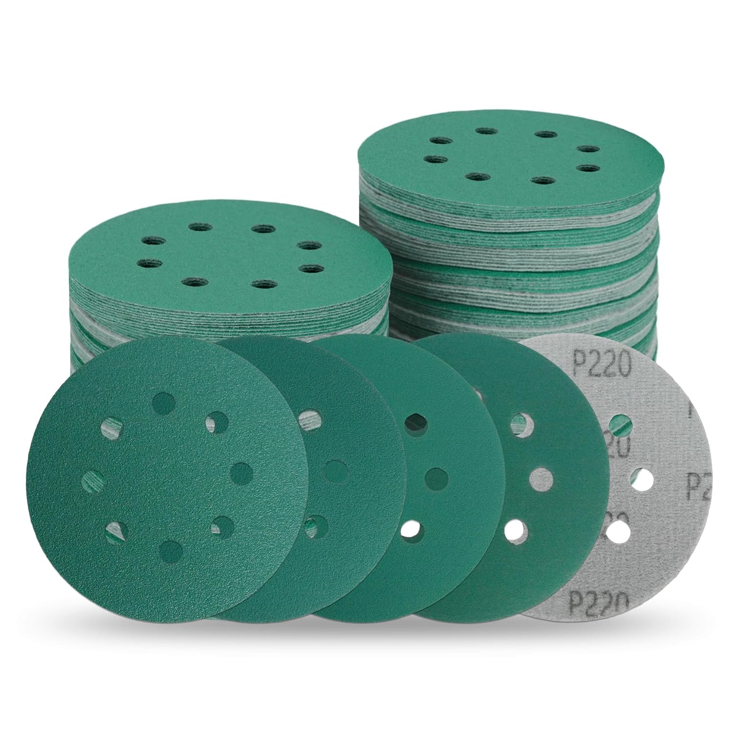 5 Inch 8 Hole Zirconia Hook & Loop Sanding Discs Assortment - 80, 120, 150, 180,220 Grit (10/Each), Heavy-Duty Polyester Film Backing, Wet Dry Anti-Clog for Random Orbital Sanders - 50 Pack