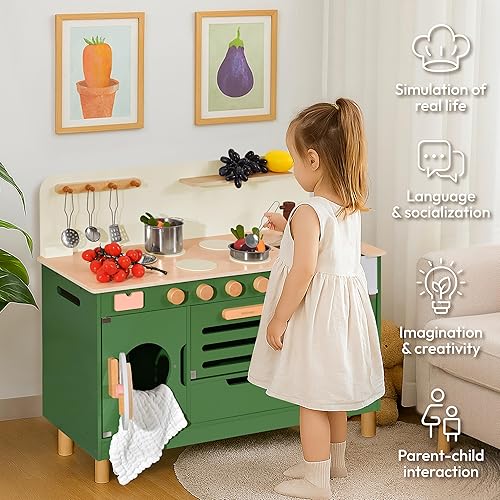 Miniatura 6 de Juego de cocina de madera para niños, juguete de simulación con fregadero, horno y almacenamiento, cocina y centro de lavandería 2 en 1, juguetes de