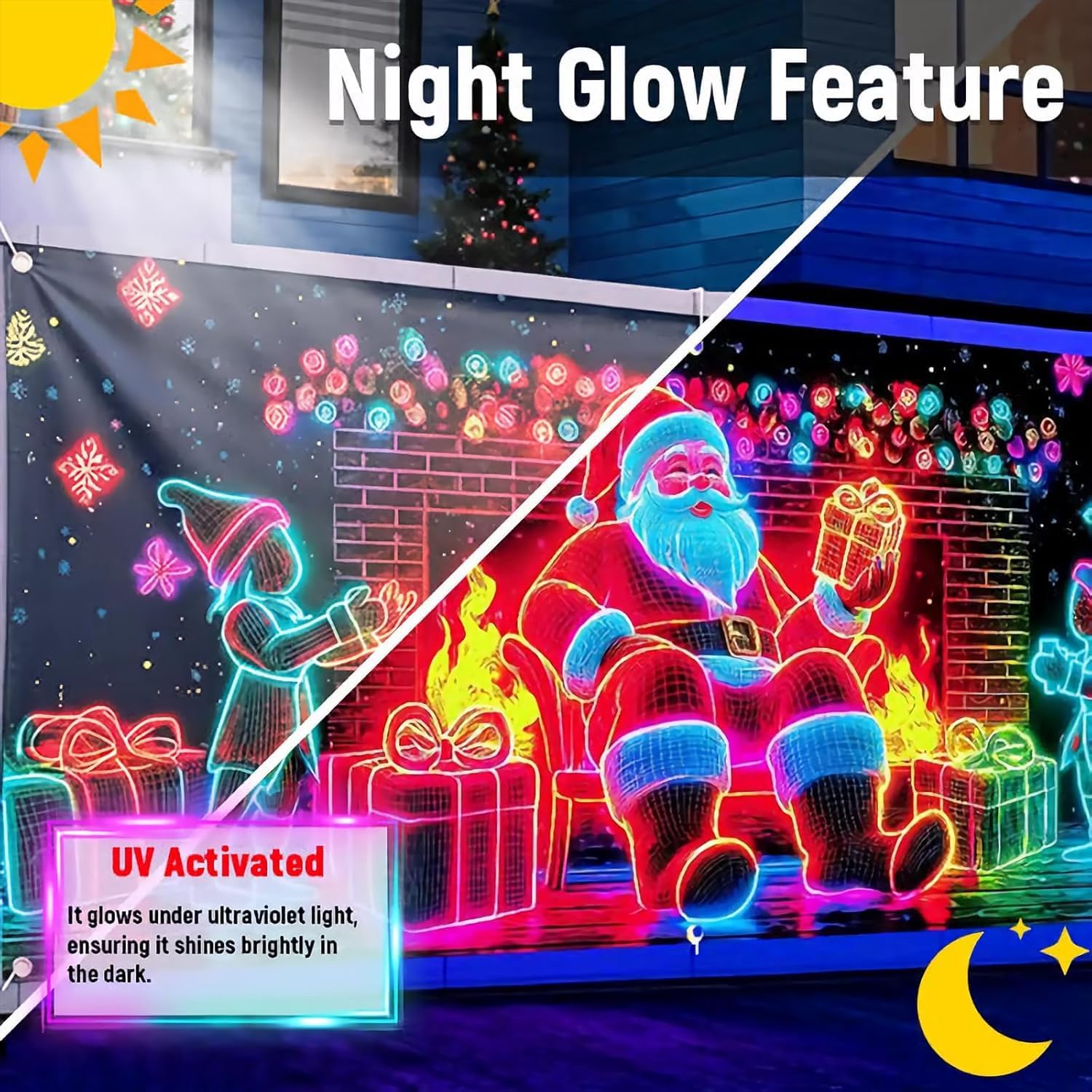 Christmas Garage Door Cover Banner 16×7FT, UV Activated Christmas Garage Door Glows in Dark 2D Flat Holiday Wall Decor, Xmas Outdoor Indoor Party Decoration (16 * 7FT, A)