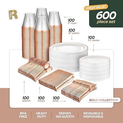 Miniatura 6 de Juego de vajilla de plástico de 600 piezas para 100 invitados, platos de plástico dorados para fiestas, juegos de platos dorados para 100 invitados,