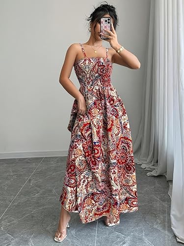 Vestido largo para mujer, estampado de verano, bohemio, con tirantes delgados, cuello cuadrado fruncido, acampanado, casual, playa, vacaciones